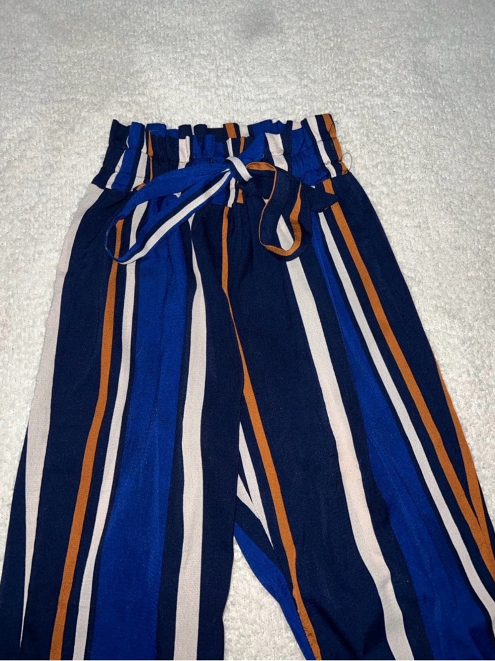 SHEIN Blue Navy White and Brown Striped Paperbag Waist Pants